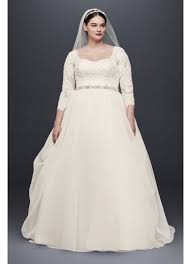 The ball gown is a classic dress shape that creates just the right proportion by balancing a fitted bodice with a voluminous skirt. Oleg Cassini Plus Size Beaded Lace Wedding Dress David S Bridal