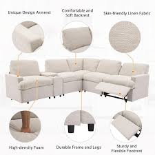 104 In Modern Linen Home Theater Reclining Sectional Sofa In Beige With Storage Box Cup Holders Usb Ports And Socket