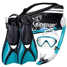 Seavenger Advanced Snorkeling Set With Panoramic Mask Trek Fins Dry Top Snorkel Gear Bag Clear Silicone Teal Medium