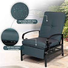 Suncrown Adjustable Black Metal Outdoor Recliner With Peacock Blue Cushions