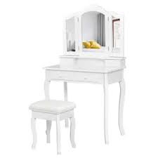 costway modern white vanity makeup dressing table with three folding mirror 31 5 in x 16 in x 54 in lxwxh