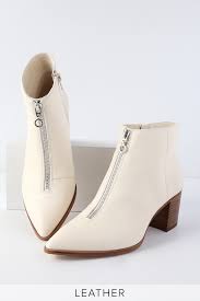 Desiray Cream Leather Front Zip Pointed Toe Booties