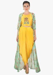 Yellow Crop Top Matched With Fancy Dhoti Pant And A Full Length Floral Jacket Online Kalki Fashion