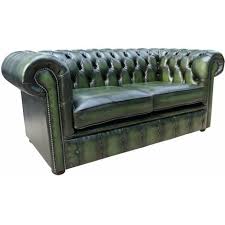 2 Seater Antique Green Leather Sofa Settee