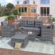 Wateday Grey 5 Piece Wicker Outdoor Patio Conversation Seating Set With Grey Cushions