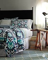 bedroom makeover blue patterned bedding