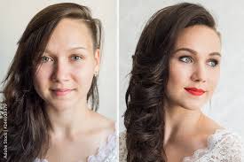 stockfoto woman before and after makeup