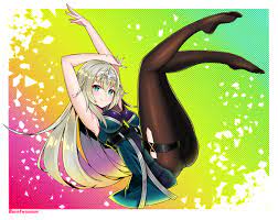 twomoon, politis (epic seven), epic seven, absurdres, commentary, highres,  1girl, antenna hair, armpits, arms up, bare arms, black pantyhose, border,  breasts, closed mouth, full body, gradient background, green eyes, green  hair, headdress,
