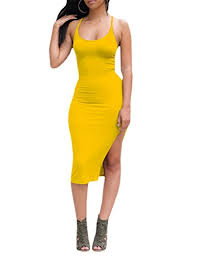 Ninimour Womens Solid Sleeveless Spaghetti Strap Side Slit Bodycon Dress Yellow S