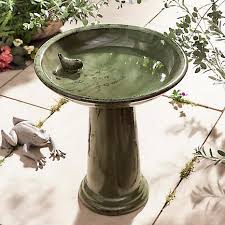 Green Ceramic Bird Bath On Pedestal By