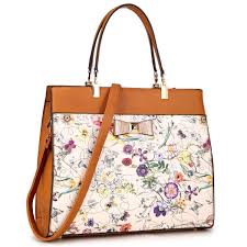 Dasein Flowery Design And Gold Accent Bow Satchel Handbag