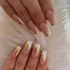 gold foil french false nail long coffin