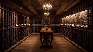 A Wine Cellar With A Wooden Table And A