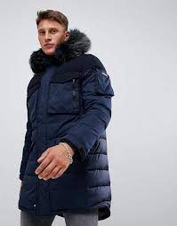 Down Parka With Faux Fur Trim In Navy