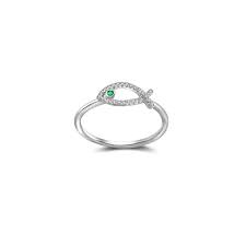 18k Gold Fish Shape Diamond Ring With Emerald