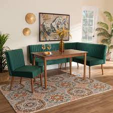baxton studio alvis mid century modern emerald green velvet upholstered and walnut brown finished wood 4 piece dining nook set size one size