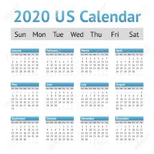 2020 Us American English Calendar A Week Starts On Sunday