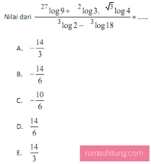Logaritma adalah lawan atau kebalikan dari bilangan berpangkat.secara umum logaritma ditulis dengan a c = b a log b = c (a > 0, a ≠ 1, b > 0). Contoh Soal Logaritma