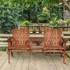 Outsunny Outdoor Patio Wooden Double Chair Garden Bench With Middle Table Natural Weather Fighting Materials