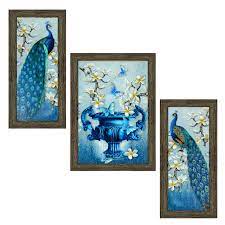 Indianara Set of 3 Beautiful Pair of Peacock and Flower vase Framed Art  Painting (2098EBY) without glass 6 X 13, 10.2 X 13, 6 X 13 INCH : Amazon.in