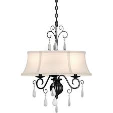 Volume Lighting Ava 3 Light Indoor Foundry Bronze Candle Style Chandelier With Ivory Fabric Drum Lamp Shade Glass Teardrop Accents V4033 65 The Home Depot