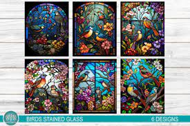 Birds On Flowers Stained Glass Gráfico