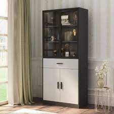 Glass Doors Gray Wood Storage Cabinet