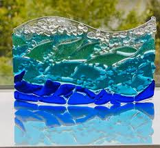 Ocean Curve Fused Glass Window Sill Art