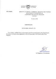 Certificate of incorporation merely confirms that the company was incorporated on a particular date and includes the company number. Extracts From Commercial Register Of Cyprus