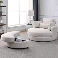 Magic Home 51 In Swivel Accent Barrel Sofa Linen Fabric Lounge Club Big Round Chair With Storage Ottoman And Pillows Beige