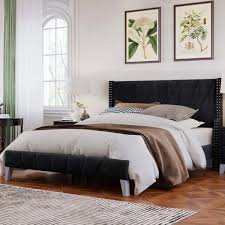 Velvet Upholstered Bed In Black Frame
