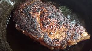 cast iron ribeye steaks food swine