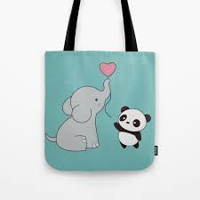 kawaii cute elephant and panda tote bag