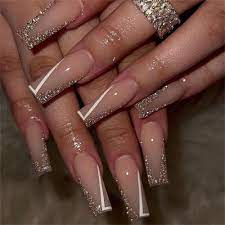 glitter white lines false nail long