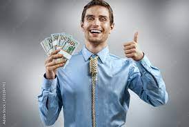 Man holding cash money and showing thumb up. Photo of smiling man in blue  shirt and tie in the form of loop on his neck on grey background Stock  Photo | Adobe