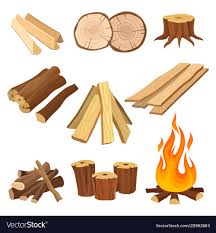 Flat set firewood logs and flame tree Royalty Free Vector