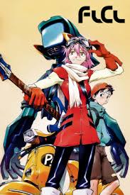 From the picture you have shown the three anime(from left to right) referred to are : Flcl Wikipedia