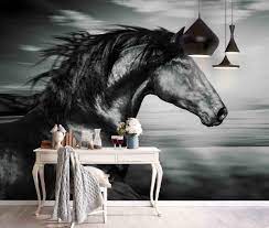3D Black White Horse Wall Mural ...