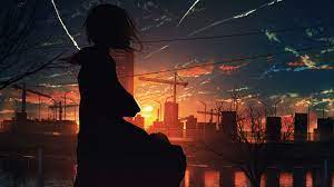 anime silhouette sunset city