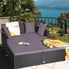 Rattan Patio Daybed Loveseat Sofa Yard Outdoor W Grey Cushions Pillows