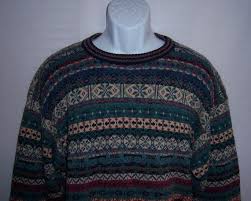 Vintage Tricots St Raphael Green Blue Khaki Fair Isle Pattern Cotton Mens Sweater Large Crewneck Pullover Coogi
