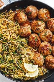 This recipe is easily doubled or tripled for large families. Garlic Butter Turkey Meatballs With Lemon Zucchini Noodles Health Dinner Recipes Recipes Healthy Recipes