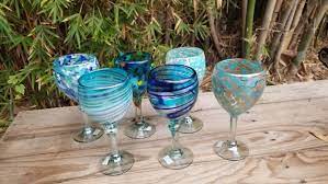 6 Hand Blown Wine Glasses Assorted Blue