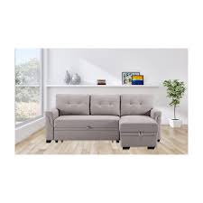 destiny light gray linen reversible sleeper sectional sofa with storage chaise