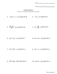Literal Equations Set 1 Practice For