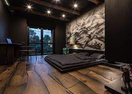 dramatic wall mural and unique wood floors