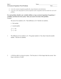 3 4 Systems Of Equations Word Problems