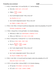 Probability Rules Worksheet 1 Answers