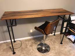 Tortured reclaimed distressed industrial wood desk with rebar hairpin legs zombiewoodworks 5 out of 5 stars (1,101) sale. Industrial Pipe And Walnut Top Standing Desk I Made For My Office With A Stool I M Lazy Woodworking