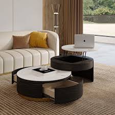 31 5 In Black Round Modern Nesting Coffee Table Set Of 2 White Sintered Stone Coffee Table Set Fully Assembled